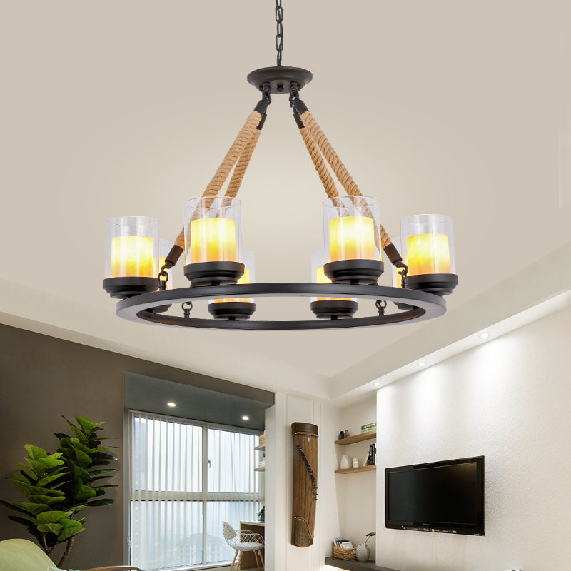 Wagon Wheel Metal Chandelier Light Rustic Style 6/8/10 Lights Dining Room Hanging Light in Black 8 Black Clearhalo 'Ceiling Lights' 'Chandeliers' 'Glass shade' 'Glass' Lighting' 227206