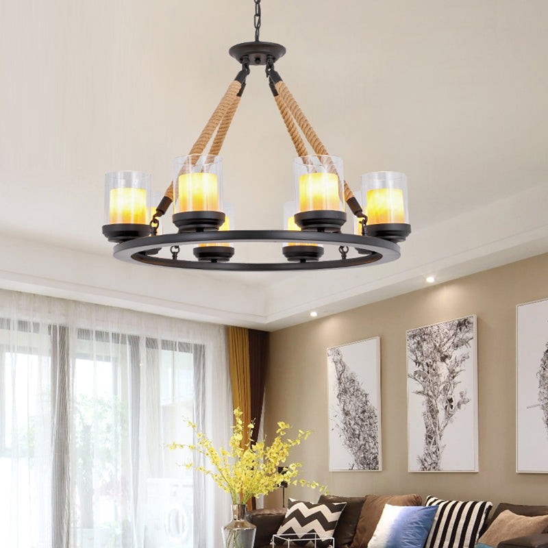 Wagon Wheel Metal Chandelier Light Rustic Style 6/8/10 Lights Dining Room Hanging Light in Black Clearhalo 'Ceiling Lights' 'Chandeliers' 'Glass shade' 'Glass' Lighting' 227207