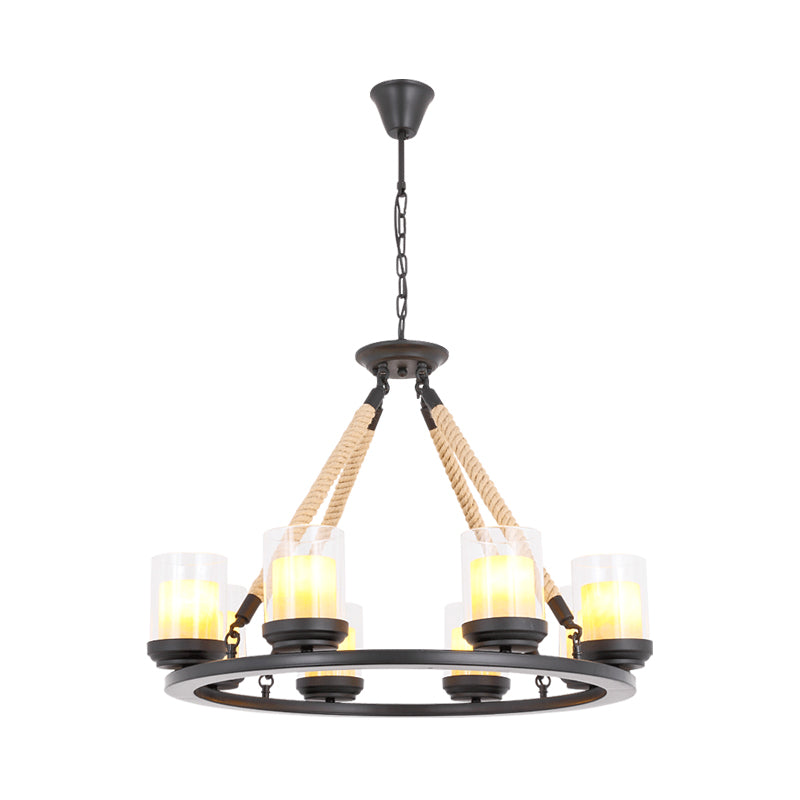 Wagon Wheel Metal Chandelier Light Rustic Style 6/8/10 Lights Dining Room Hanging Light in Black Clearhalo 'Ceiling Lights' 'Chandeliers' 'Glass shade' 'Glass' Lighting' 227208
