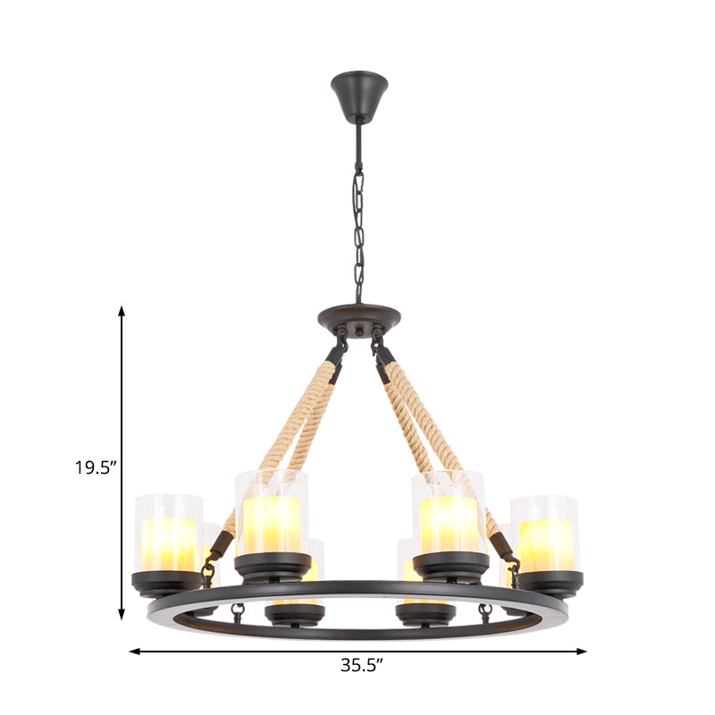 Wagon Wheel Metal Chandelier Light Rustic Style 6/8/10 Lights Dining Room Hanging Light in Black Clearhalo 'Ceiling Lights' 'Chandeliers' 'Glass shade' 'Glass' Lighting' 227209