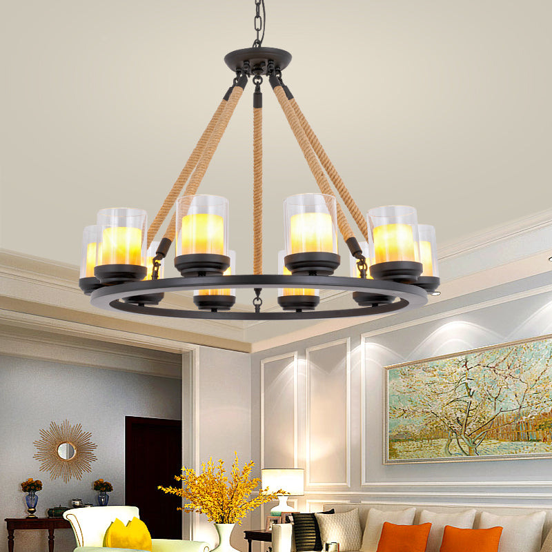 Wagon Wheel Metal Chandelier Light Rustic Style 6/8/10 Lights Dining Room Hanging Light in Black 10 Black Clearhalo 'Ceiling Lights' 'Chandeliers' 'Glass shade' 'Glass' Lighting' 227210