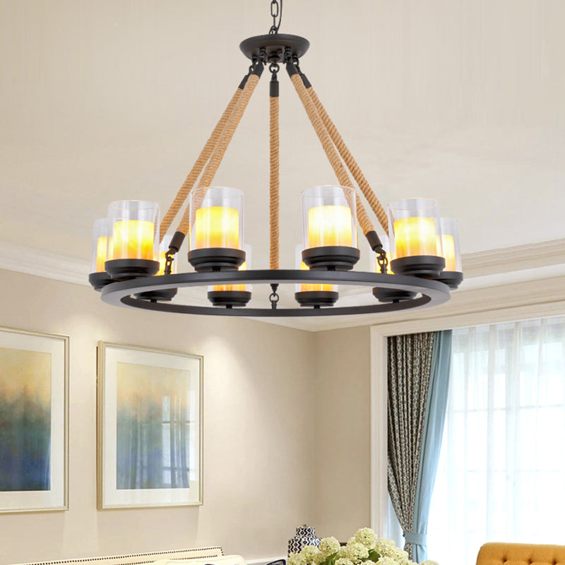Wagon Wheel Metal Chandelier Light Rustic Style 6/8/10 Lights Dining Room Hanging Light in Black Clearhalo 'Ceiling Lights' 'Chandeliers' 'Glass shade' 'Glass' Lighting' 227211