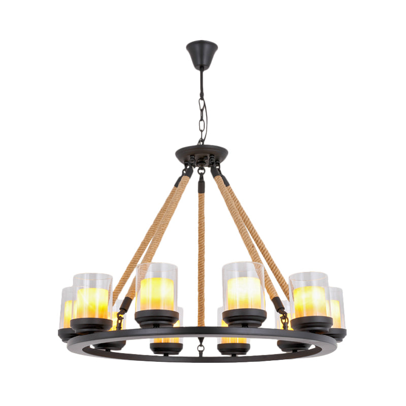 Wagon Wheel Metal Chandelier Light Rustic Style 6/8/10 Lights Dining Room Hanging Light in Black Clearhalo 'Ceiling Lights' 'Chandeliers' 'Glass shade' 'Glass' Lighting' 227212