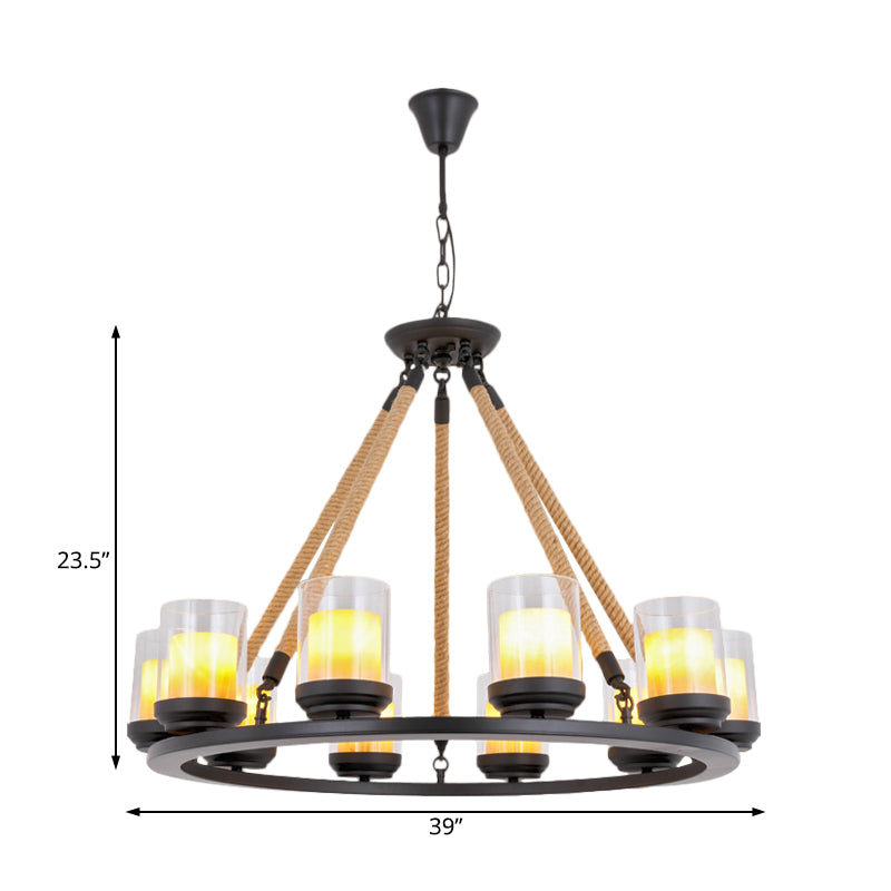 Wagon Wheel Metal Chandelier Light Rustic Style 6/8/10 Lights Dining Room Hanging Light in Black Clearhalo 'Ceiling Lights' 'Chandeliers' 'Glass shade' 'Glass' Lighting' 227213