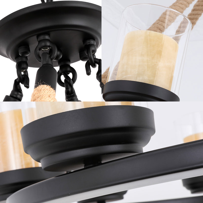 Wagon Wheel Metal Chandelier Light Rustic Style 6/8/10 Lights Dining Room Hanging Light in Black Clearhalo 'Ceiling Lights' 'Chandeliers' 'Glass shade' 'Glass' Lighting' 227214