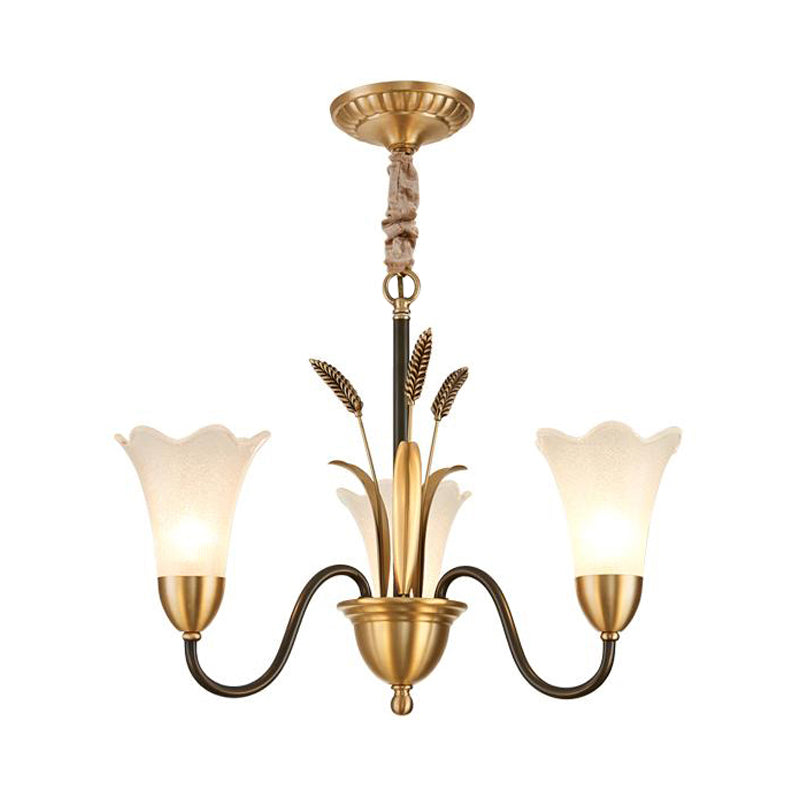 White Glass Floral Shaped Chandelier Traditional 6/8/12 Lights Study Room Hanging Ceiling Light in Brass Clearhalo 'Ceiling Lights' 'Chandeliers' 'Glass shade' 'Glass' Lighting' 227226