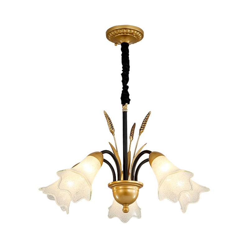 White Glass Floral Shaped Chandelier Traditional 6/8/12 Lights Study Room Hanging Ceiling Light in Brass Clearhalo 'Ceiling Lights' 'Chandeliers' 'Glass shade' 'Glass' Lighting' 227230