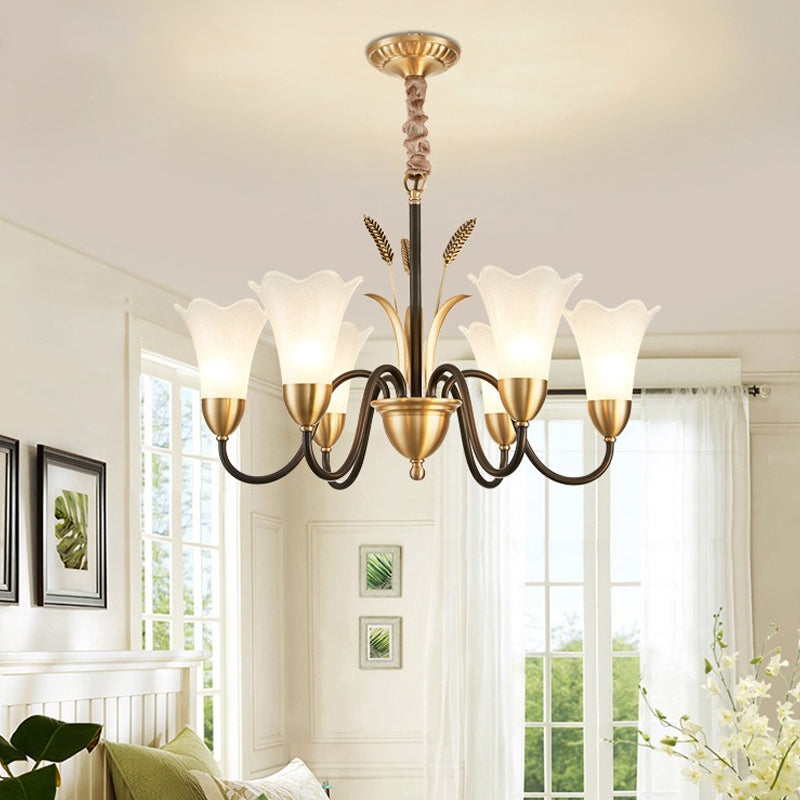 White Glass Floral Shaped Chandelier Traditional 6/8/12 Lights Study Room Hanging Ceiling Light in Brass 6 Brass Clearhalo 'Ceiling Lights' 'Chandeliers' 'Glass shade' 'Glass' Lighting' 227232