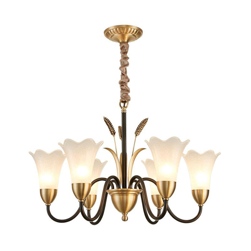 White Glass Floral Shaped Chandelier Traditional 6/8/12 Lights Study Room Hanging Ceiling Light in Brass Clearhalo 'Ceiling Lights' 'Chandeliers' 'Glass shade' 'Glass' Lighting' 227234