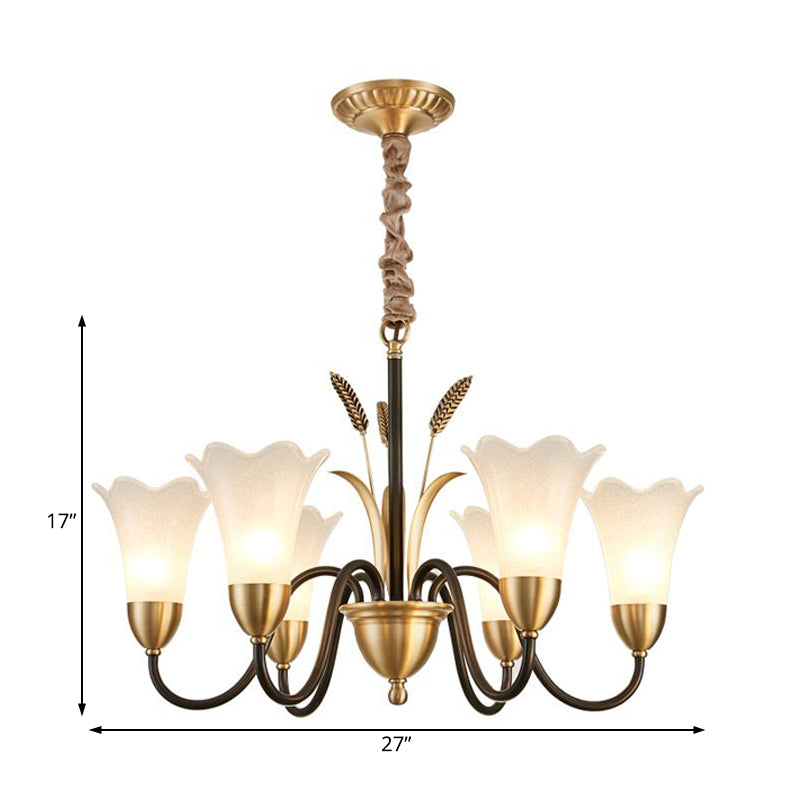 White Glass Floral Shaped Chandelier Traditional 6/8/12 Lights Study Room Hanging Ceiling Light in Brass Clearhalo 'Ceiling Lights' 'Chandeliers' 'Glass shade' 'Glass' Lighting' 227235