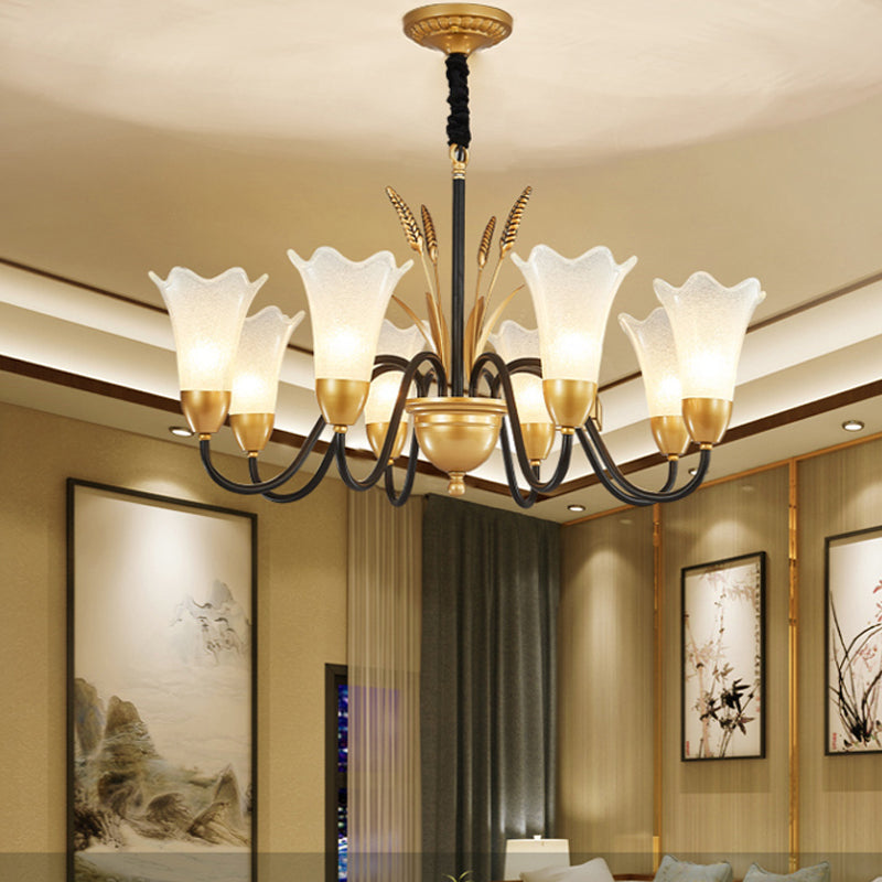White Glass Floral Shaped Chandelier Traditional 6/8/12 Lights Study Room Hanging Ceiling Light in Brass 8 Brass Clearhalo 'Ceiling Lights' 'Chandeliers' 'Glass shade' 'Glass' Lighting' 227236