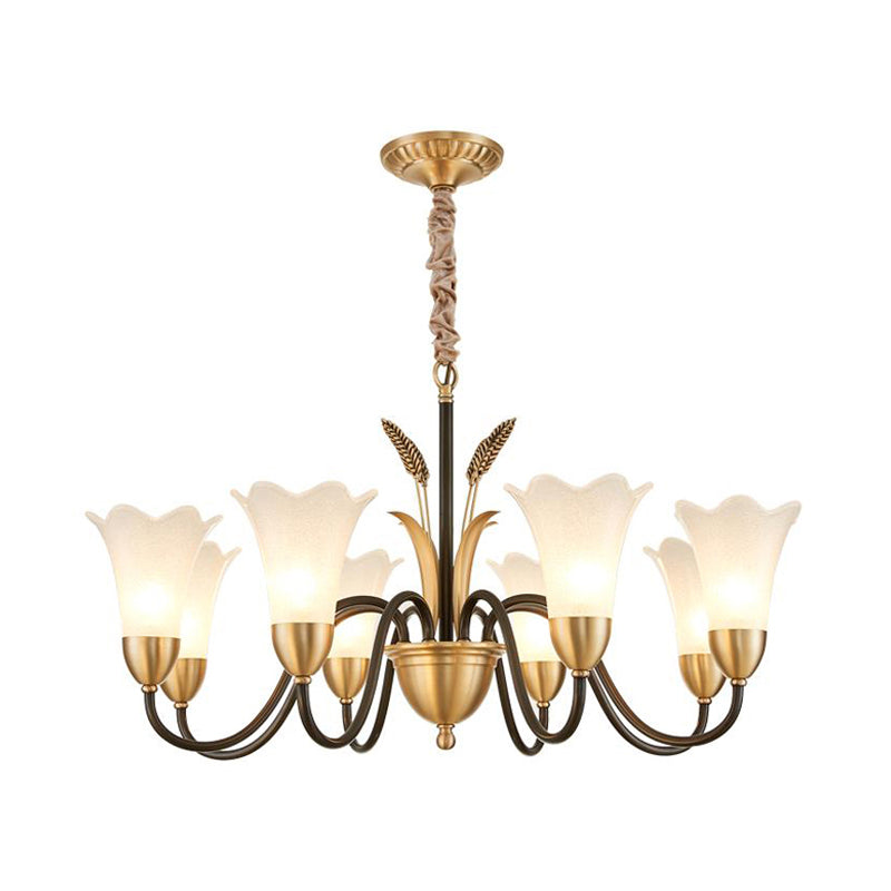 White Glass Floral Shaped Chandelier Traditional 6/8/12 Lights Study Room Hanging Ceiling Light in Brass Clearhalo 'Ceiling Lights' 'Chandeliers' 'Glass shade' 'Glass' Lighting' 227238