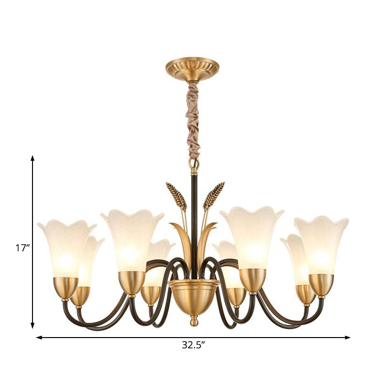 White Glass Floral Shaped Chandelier Traditional 6/8/12 Lights Study Room Hanging Ceiling Light in Brass Clearhalo 'Ceiling Lights' 'Chandeliers' 'Glass shade' 'Glass' Lighting' 227239