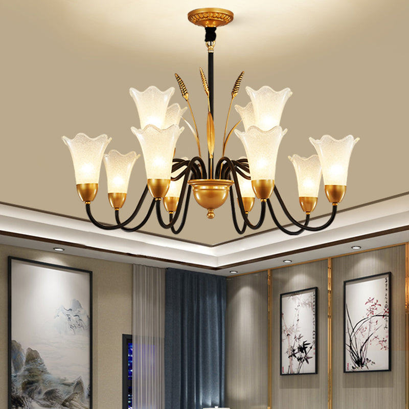 White Glass Floral Shaped Chandelier Traditional 6/8/12 Lights Study Room Hanging Ceiling Light in Brass 12 Brass Clearhalo 'Ceiling Lights' 'Chandeliers' 'Glass shade' 'Glass' Lighting' 227240
