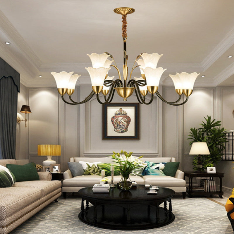 White Glass Floral Shaped Chandelier Traditional 6/8/12 Lights Study Room Hanging Ceiling Light in Brass Clearhalo 'Ceiling Lights' 'Chandeliers' 'Glass shade' 'Glass' Lighting' 227241