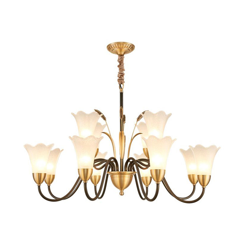 White Glass Floral Shaped Chandelier Traditional 6/8/12 Lights Study Room Hanging Ceiling Light in Brass Clearhalo 'Ceiling Lights' 'Chandeliers' 'Glass shade' 'Glass' Lighting' 227242