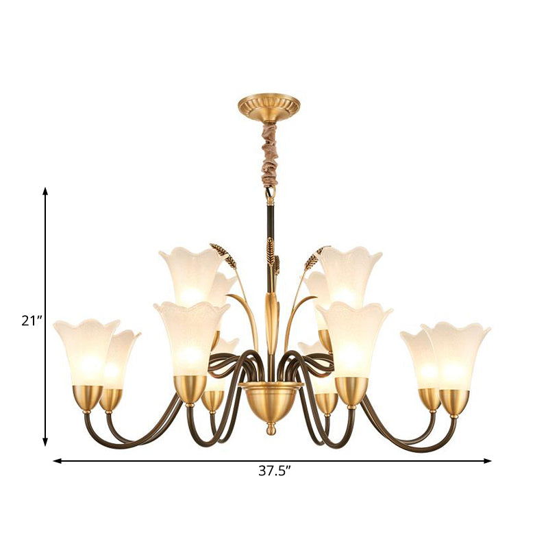 White Glass Floral Shaped Chandelier Traditional 6/8/12 Lights Study Room Hanging Ceiling Light in Brass Clearhalo 'Ceiling Lights' 'Chandeliers' 'Glass shade' 'Glass' Lighting' 227243