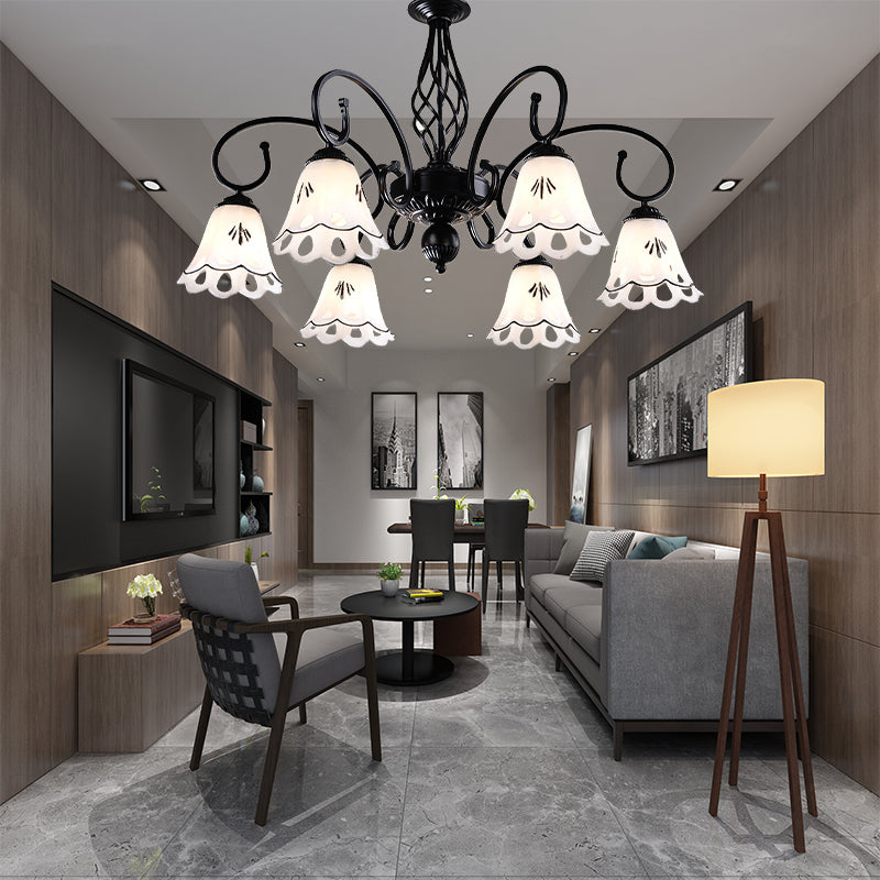 Black Floral Shaped Chandelier Light Fixture Traditional Metal 5/6/8 Lights Living Room Ceiling Light 6 Black Clearhalo 'Ceiling Lights' 'Chandeliers' 'Glass shade' 'Glass' Lighting' 227295