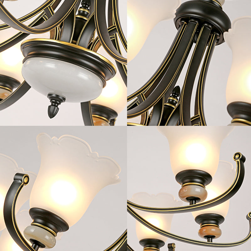 Flower White Glass Ceiling Light Vintage 3/6/8 Lights Bedroom Chandelier Light Fixture in Black Clearhalo 'Ceiling Lights' 'Chandeliers' 'Close To Ceiling Lights' 'Glass shade' 'Glass' Lighting' 227307
