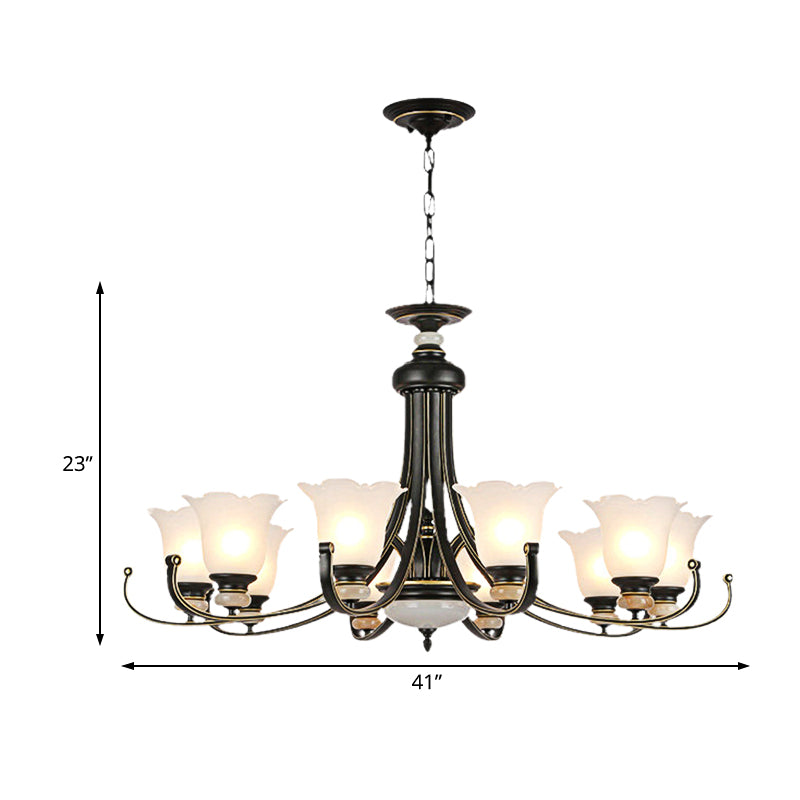 Flower White Glass Ceiling Light Vintage 3/6/8 Lights Bedroom Chandelier Light Fixture in Black Clearhalo 'Ceiling Lights' 'Chandeliers' 'Close To Ceiling Lights' 'Glass shade' 'Glass' Lighting' 227311