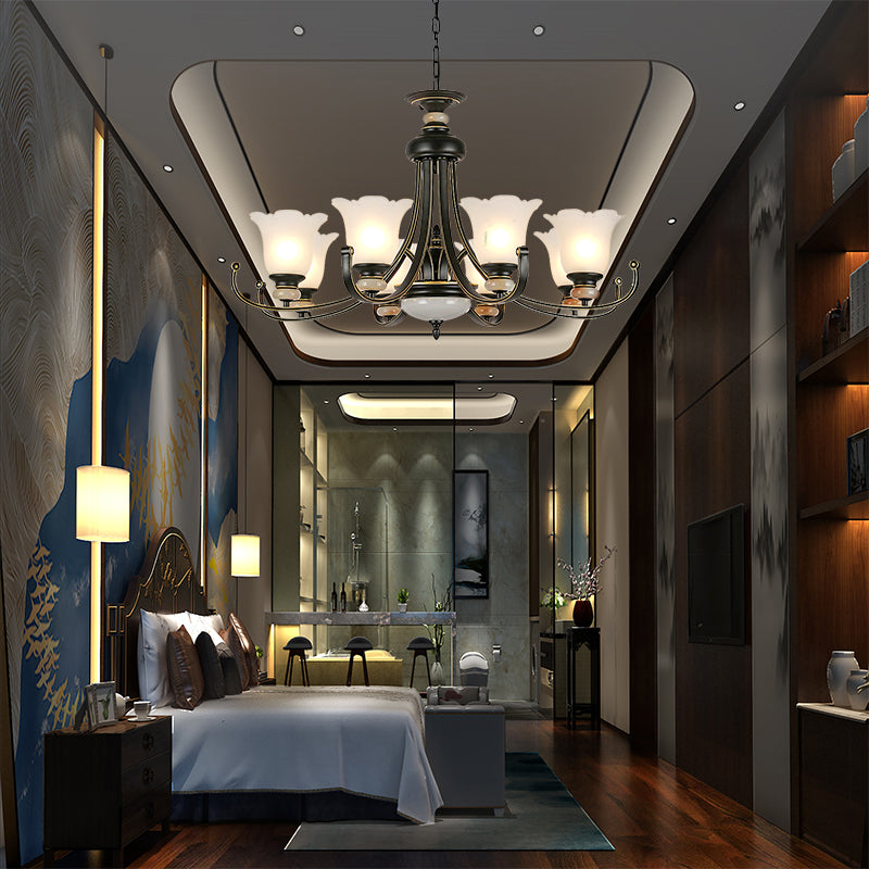 Flower White Glass Ceiling Light Vintage 3/6/8 Lights Bedroom Chandelier Light Fixture in Black 8 Black Clearhalo 'Ceiling Lights' 'Chandeliers' 'Close To Ceiling Lights' 'Glass shade' 'Glass' Lighting' 227312