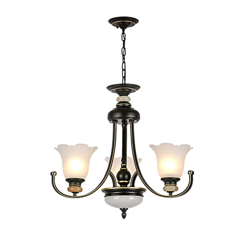 Flower White Glass Ceiling Light Vintage 3/6/8 Lights Bedroom Chandelier Light Fixture in Black Clearhalo 'Ceiling Lights' 'Chandeliers' 'Close To Ceiling Lights' 'Glass shade' 'Glass' Lighting' 227322