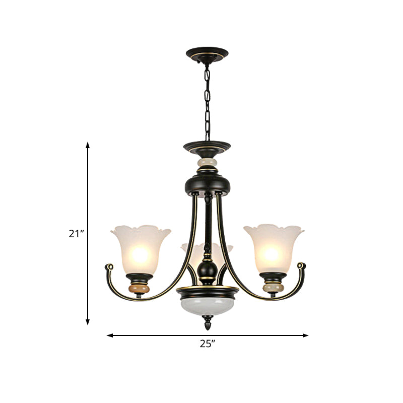 Flower White Glass Ceiling Light Vintage 3/6/8 Lights Bedroom Chandelier Light Fixture in Black Clearhalo 'Ceiling Lights' 'Chandeliers' 'Close To Ceiling Lights' 'Glass shade' 'Glass' Lighting' 227323