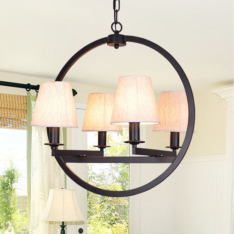 4 Lights Fabric Chandelier Light Traditional White/Flaxen Cone Dining Room Hanging Light with Black Ring Frame Flaxen Clearhalo 'Ceiling Lights' 'Chandeliers' Lighting' options 227340_8f7e68bd-be58-4b40-8a1b-2ad98299dc41
