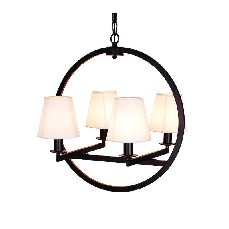 4 Lights Fabric Chandelier Light Traditional White/Flaxen Cone Dining Room Hanging Light with Black Ring Frame White Clearhalo 'Ceiling Lights' 'Chandeliers' Lighting' options 227342_ffa5904b-186e-4ed5-93e3-e38a71cc3b89