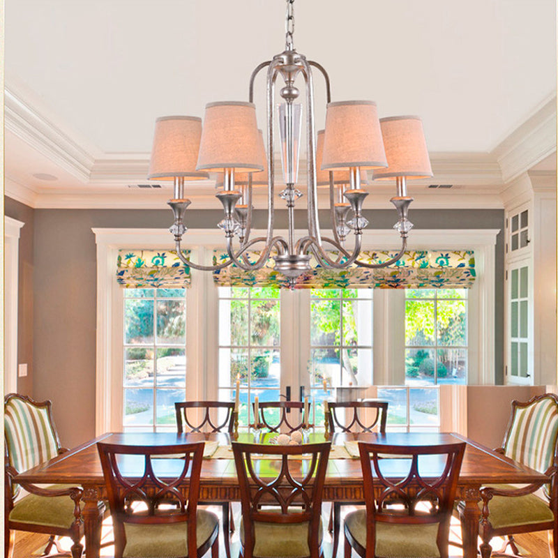 Rustic Tapered Ceiling Lamp 3/6 Lights Fabric Chandelier Light Fixture in Aged Silver for Living Room 6 Aged Silver Clearhalo 'Ceiling Lights' 'Chandeliers' Lighting' options 227357_56fc8b59-f3ca-4a58-85ed-9ea750750103