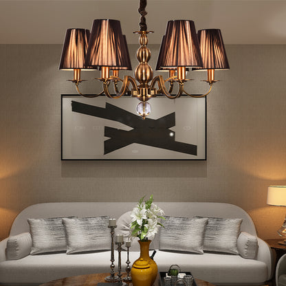 Brown Gathered Fabric Shade Chandelier Lamp Vintage Fabric 6/8 Lights Living Room Suspension Light 6 Brown Clearhalo 'Ceiling Lights' 'Chandeliers' Lighting' options 227366_dcdc3e82-1f68-4881-bec0-0589cf01cb01