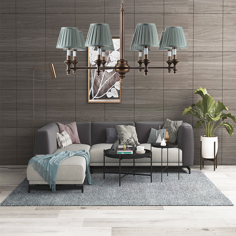 Blue Cone Pleated Shade Chandelier Light Fixture Nordic Fabric 6/8 Lights Living Room Hanging Light 8 Blue Clearhalo 'Ceiling Lights' 'Chandeliers' Lighting' options 227373_a7f37ac3-ab7f-4251-94e6-7cd0bbf5287f