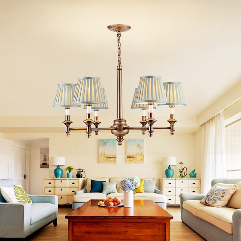 Blue Cone Pleated Shade Chandelier Light Fixture Nordic Fabric 6/8 Lights Living Room Hanging Light 6 Blue Clearhalo 'Ceiling Lights' 'Chandeliers' Lighting' options 227378_5fb883ce-e8ce-4ef8-8502-d2b66d21dbfe