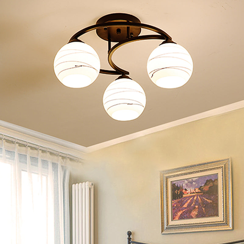 White Glass Orb Semi Flush Mount Light Rustic 3/6 Lights Dining Room Hanging Ceiling Light in Black Clearhalo 'Ceiling Lights' 'Close To Ceiling Lights' 'Close to ceiling' 'Glass shade' 'Glass' 'Semi-flushmount' Lighting' 227421