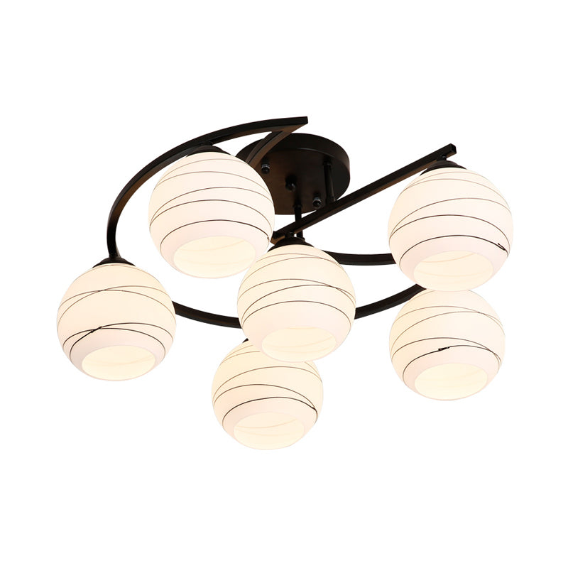 White Glass Orb Semi Flush Mount Light Rustic 3/6 Lights Dining Room Hanging Ceiling Light in Black Clearhalo 'Ceiling Lights' 'Close To Ceiling Lights' 'Close to ceiling' 'Glass shade' 'Glass' 'Semi-flushmount' Lighting' 227426