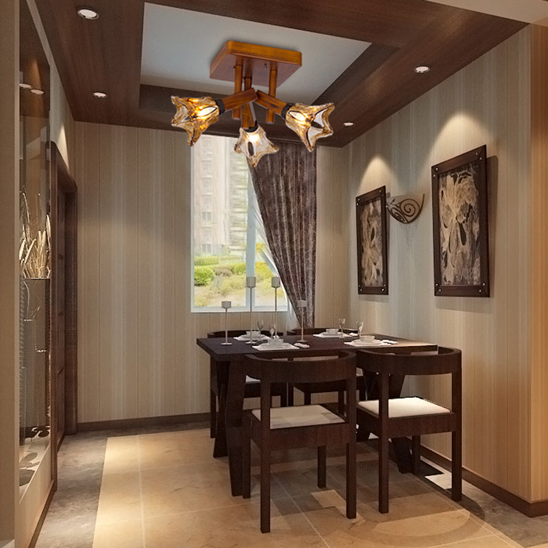 Flower Dining Room Semi Flush Light Rustic Glass 3/5/8 Lights Red Brown Ceiling Light Fixture 3 Red Brown Clearhalo 'Ceiling Lights' 'Close To Ceiling Lights' 'Close to ceiling' 'Glass shade' 'Glass' 'Semi-flushmount' Lighting' 227428