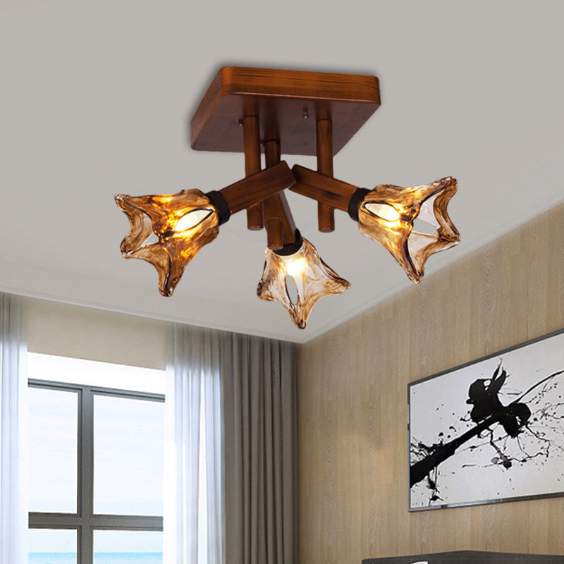Flower Dining Room Semi Flush Light Rustic Glass 3/5/8 Lights Red Brown Ceiling Light Fixture Clearhalo 'Ceiling Lights' 'Close To Ceiling Lights' 'Close to ceiling' 'Glass shade' 'Glass' 'Semi-flushmount' Lighting' 227429
