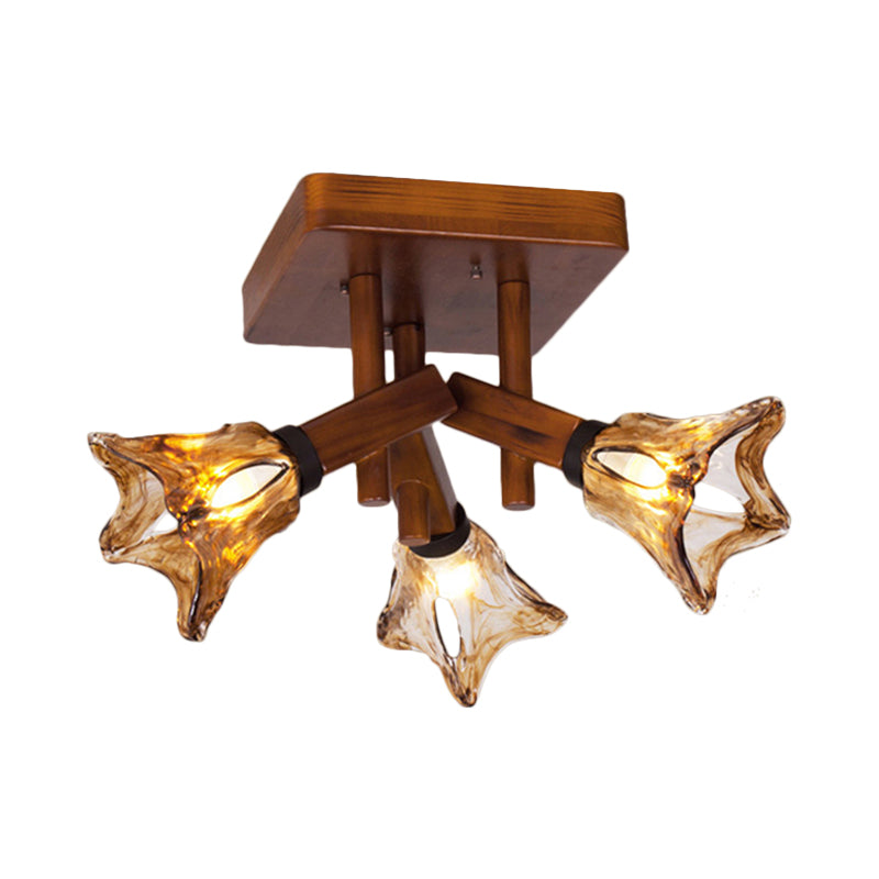 Flower Dining Room Semi Flush Light Rustic Glass 3/5/8 Lights Red Brown Ceiling Light Fixture Clearhalo 'Ceiling Lights' 'Close To Ceiling Lights' 'Close to ceiling' 'Glass shade' 'Glass' 'Semi-flushmount' Lighting' 227430