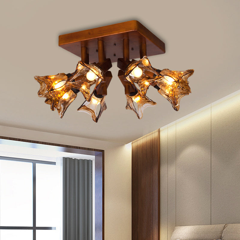 Flower Dining Room Semi Flush Light Rustic Glass 3/5/8 Lights Red Brown Ceiling Light Fixture 8 Red Brown Clearhalo 'Ceiling Lights' 'Close To Ceiling Lights' 'Close to ceiling' 'Glass shade' 'Glass' 'Semi-flushmount' Lighting' 227436