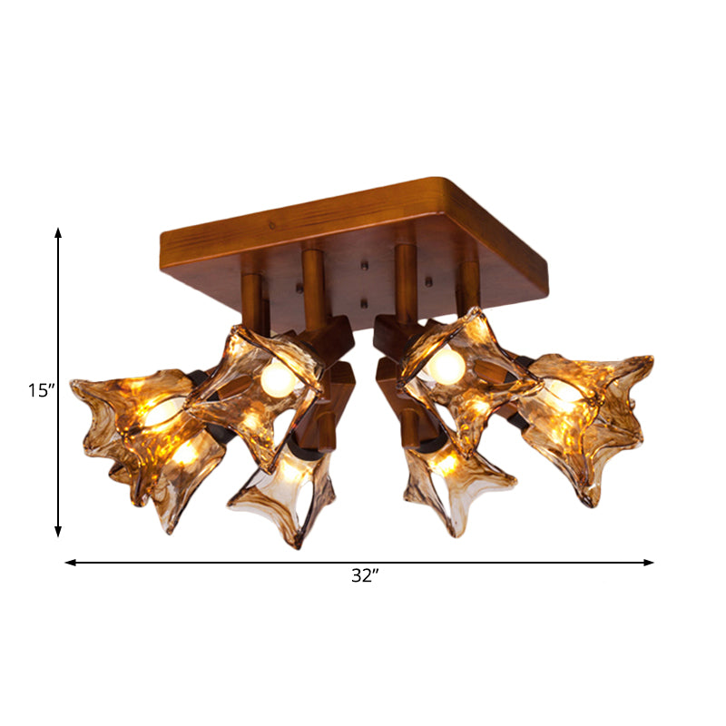 Flower Dining Room Semi Flush Light Rustic Glass 3/5/8 Lights Red Brown Ceiling Light Fixture Clearhalo 'Ceiling Lights' 'Close To Ceiling Lights' 'Close to ceiling' 'Glass shade' 'Glass' 'Semi-flushmount' Lighting' 227439