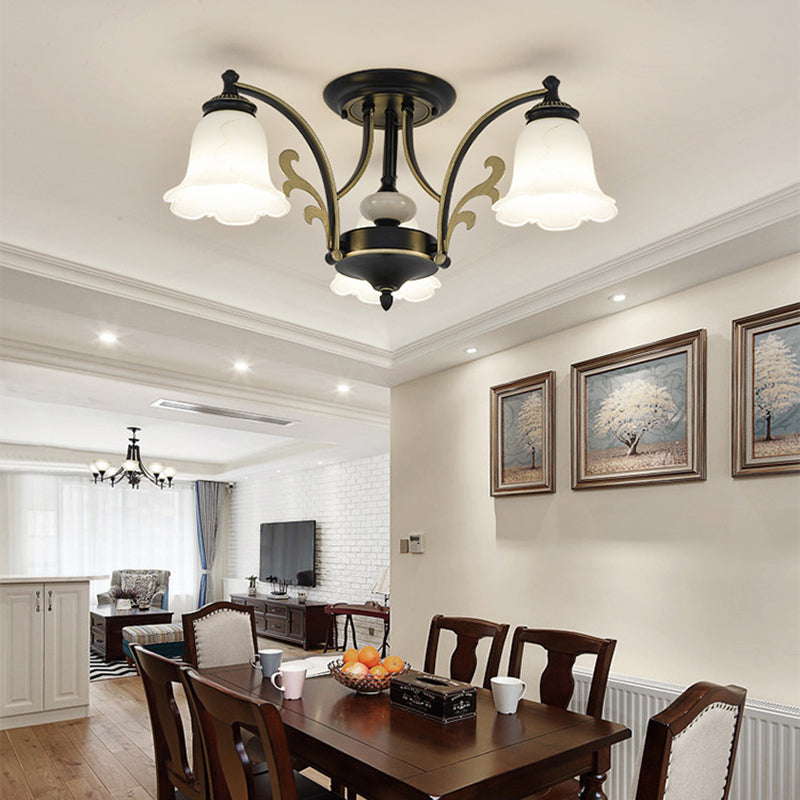 Floral Shaped White Glass Semi Flush Mount Light Vintage 3/6/8 Lights Dining Room Ceiling Lamp in Black 3 Black Clearhalo 'Ceiling Lights' 'Close To Ceiling Lights' 'Close to ceiling' 'Glass shade' 'Glass' 'Semi-flushmount' Lighting' 227440