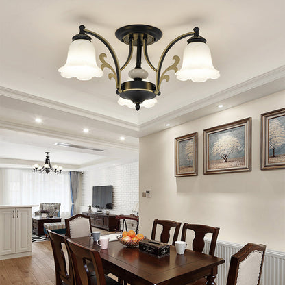 Floral Shaped White Glass Semi Flush Mount Light Vintage 3/6/8 Lights Dining Room Ceiling Lamp in Black 3 Black Clearhalo 'Ceiling Lights' 'Close To Ceiling Lights' 'Close to ceiling' 'Glass shade' 'Glass' 'Semi-flushmount' Lighting' 227440