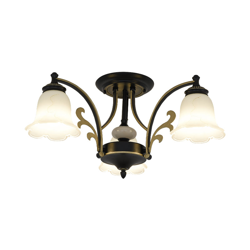 Floral Shaped White Glass Semi Flush Mount Light Vintage 3/6/8 Lights Dining Room Ceiling Lamp in Black Clearhalo 'Ceiling Lights' 'Close To Ceiling Lights' 'Close to ceiling' 'Glass shade' 'Glass' 'Semi-flushmount' Lighting' 227442