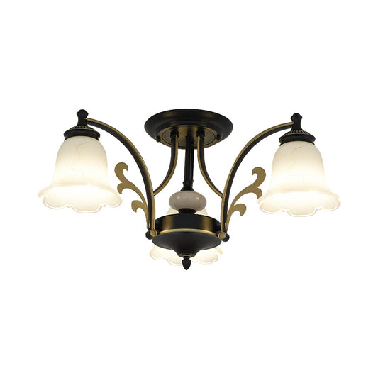 Floral Shaped White Glass Semi Flush Mount Light Vintage 3/6/8 Lights Dining Room Ceiling Lamp in Black Clearhalo 'Ceiling Lights' 'Close To Ceiling Lights' 'Close to ceiling' 'Glass shade' 'Glass' 'Semi-flushmount' Lighting' 227442