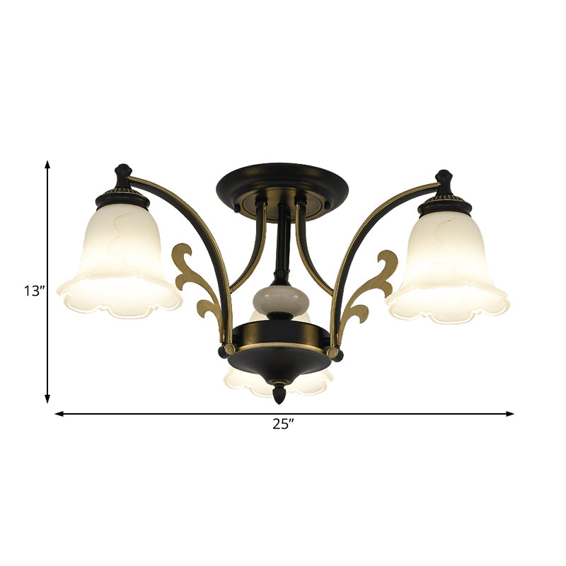 Floral Shaped White Glass Semi Flush Mount Light Vintage 3/6/8 Lights Dining Room Ceiling Lamp in Black Clearhalo 'Ceiling Lights' 'Close To Ceiling Lights' 'Close to ceiling' 'Glass shade' 'Glass' 'Semi-flushmount' Lighting' 227443