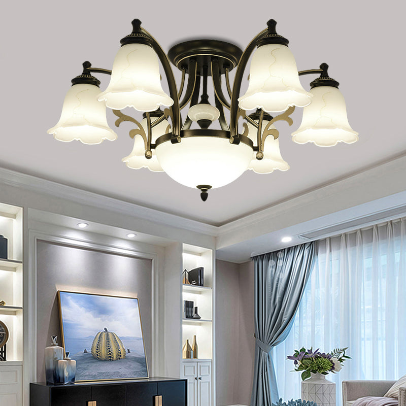 Floral Shaped White Glass Semi Flush Mount Light Vintage 3/6/8 Lights Dining Room Ceiling Lamp in Black 6 Black Clearhalo 'Ceiling Lights' 'Close To Ceiling Lights' 'Close to ceiling' 'Glass shade' 'Glass' 'Semi-flushmount' Lighting' 227444