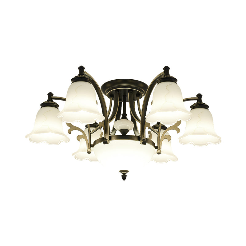 Floral Shaped White Glass Semi Flush Mount Light Vintage 3/6/8 Lights Dining Room Ceiling Lamp in Black Clearhalo 'Ceiling Lights' 'Close To Ceiling Lights' 'Close to ceiling' 'Glass shade' 'Glass' 'Semi-flushmount' Lighting' 227446
