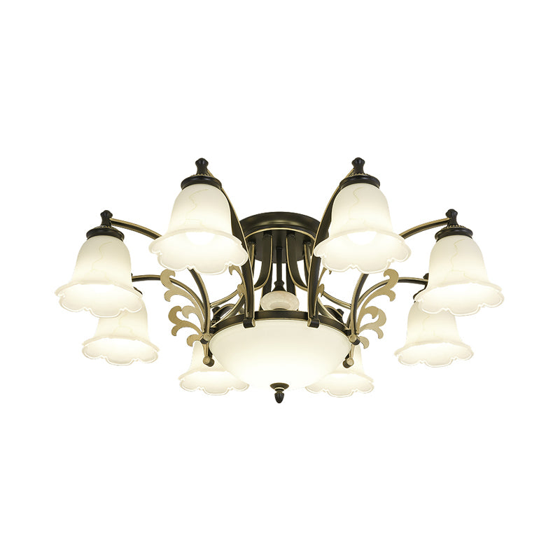 Floral Shaped White Glass Semi Flush Mount Light Vintage 3/6/8 Lights Dining Room Ceiling Lamp in Black Clearhalo 'Ceiling Lights' 'Close To Ceiling Lights' 'Close to ceiling' 'Glass shade' 'Glass' 'Semi-flushmount' Lighting' 227450