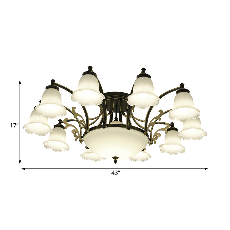 Floral Shaped White Glass Semi Flush Mount Light Vintage 3/6/8 Lights Dining Room Ceiling Lamp in Black Clearhalo 'Ceiling Lights' 'Close To Ceiling Lights' 'Close to ceiling' 'Glass shade' 'Glass' 'Semi-flushmount' Lighting' 227455