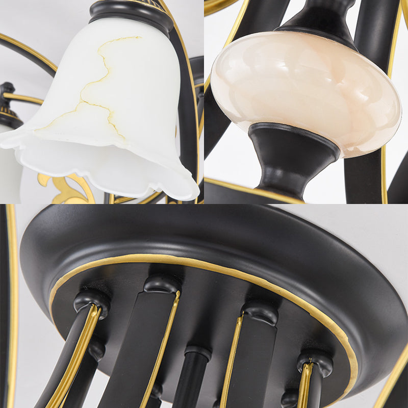 Floral Shaped White Glass Semi Flush Mount Light Vintage 3/6/8 Lights Dining Room Ceiling Lamp in Black Clearhalo 'Ceiling Lights' 'Close To Ceiling Lights' 'Close to ceiling' 'Glass shade' 'Glass' 'Semi-flushmount' Lighting' 227456